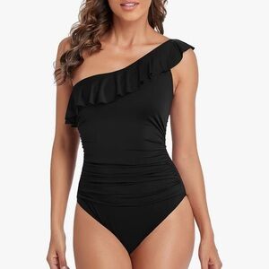 338 NWT BeautyIn One Piece Ruffle One Shoulder Ruched Swimsuit - Size: Small
